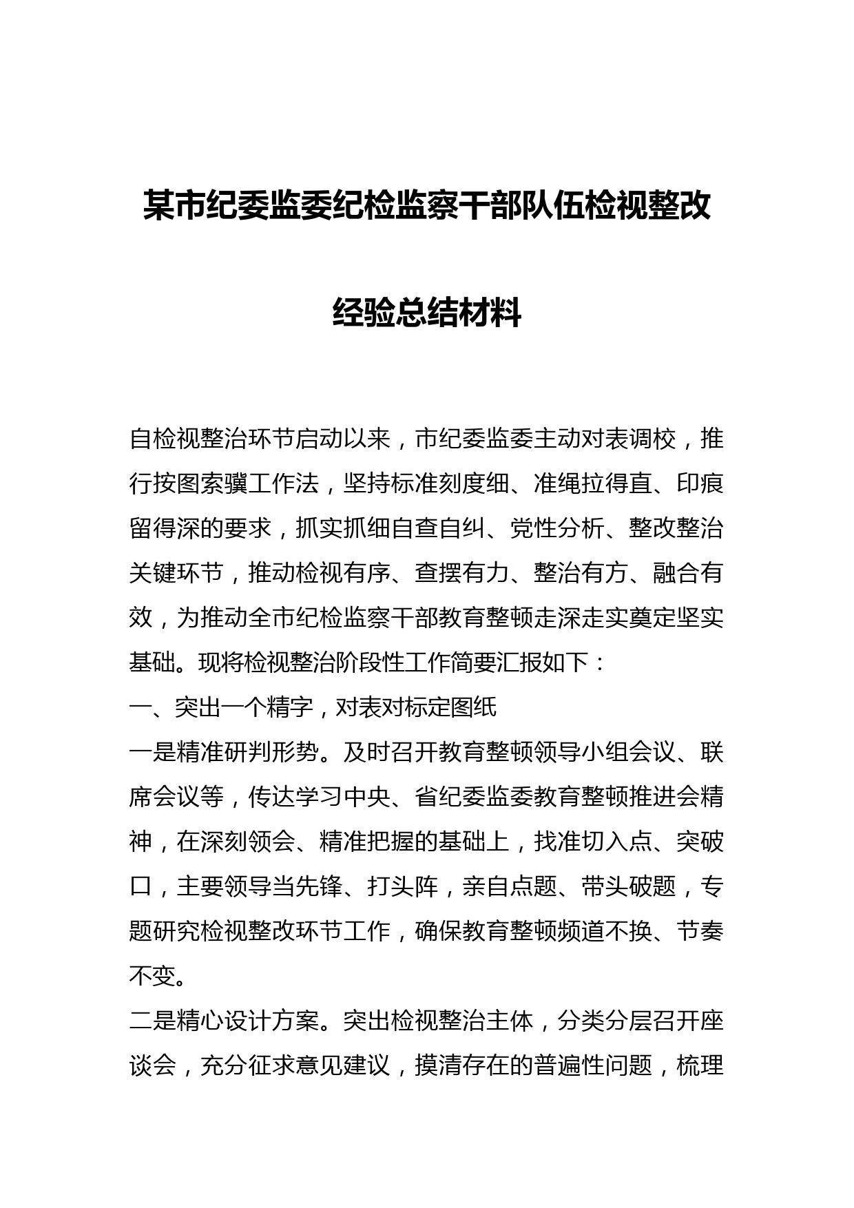 某市纪委监委纪检监察干部队伍检视整改经验总结材料