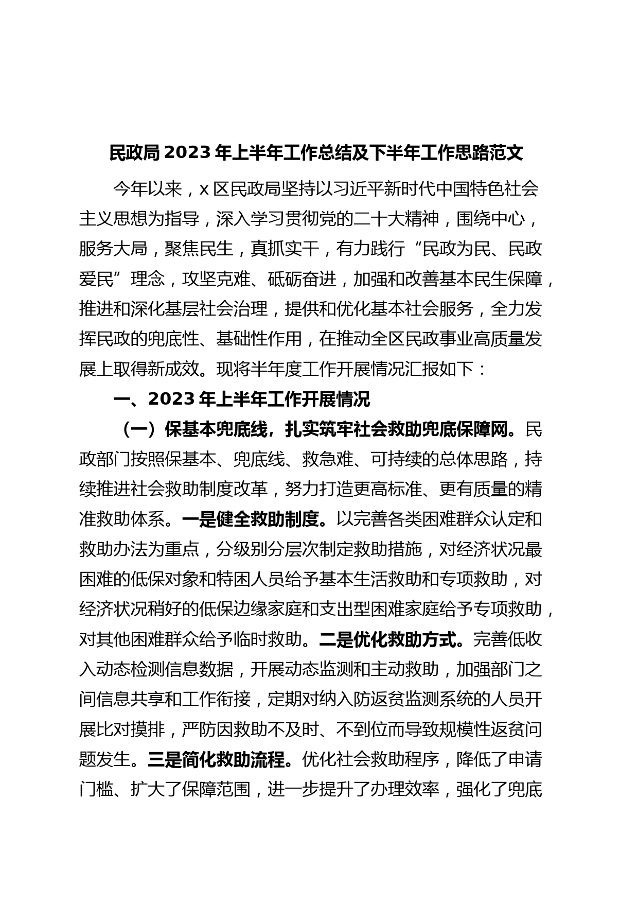 民政局2023年上半年工作总结及下半年计划（汇报报告）