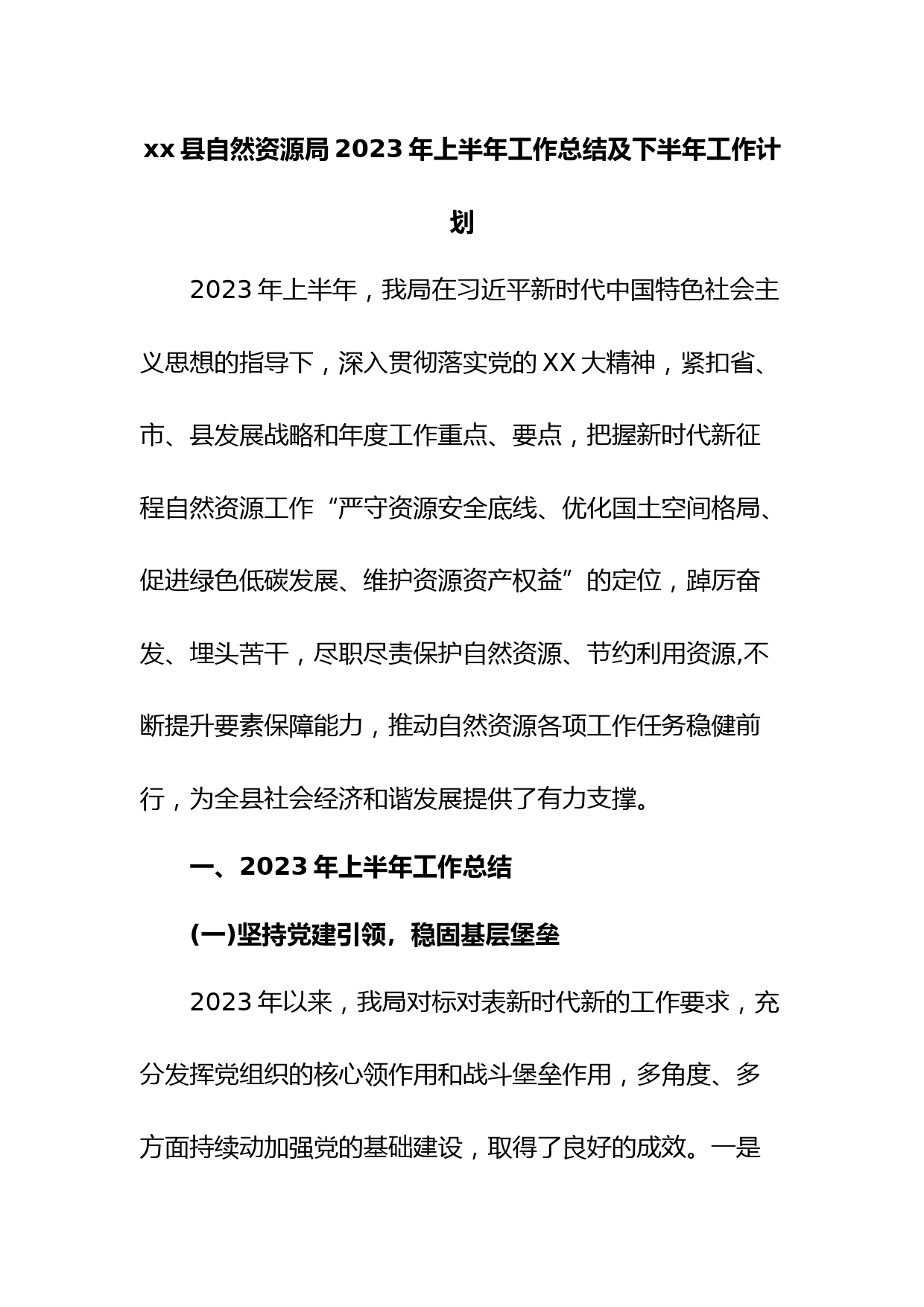 xx县自然资源局2023年上半年工作总结及下半年工作计划