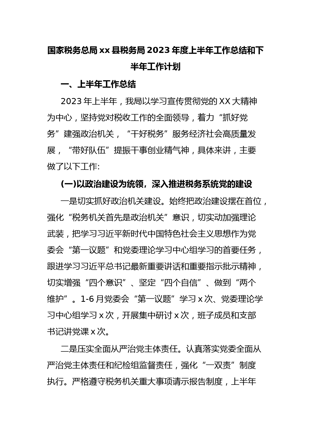 国家税务总局xx县税务局2023年度上半年工作总结和下半年工作计划