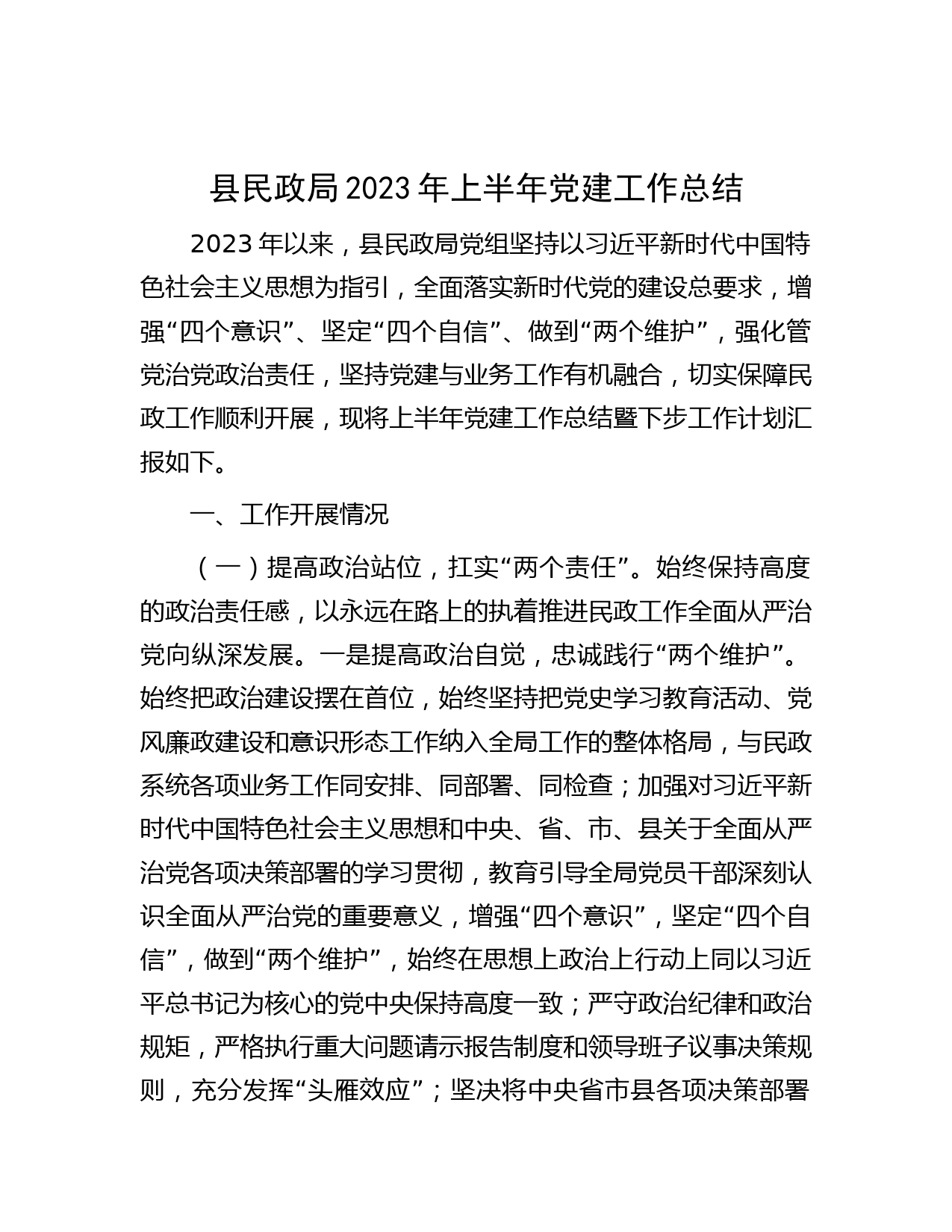 县民政局2023年上半年党建工作总结