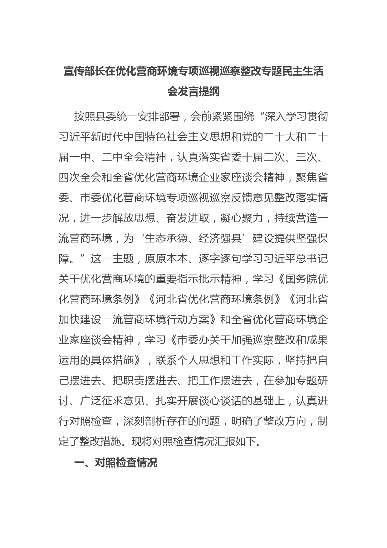 宣传部长在优化营商环境专项巡视巡察整改专题民主生活会发言提纲