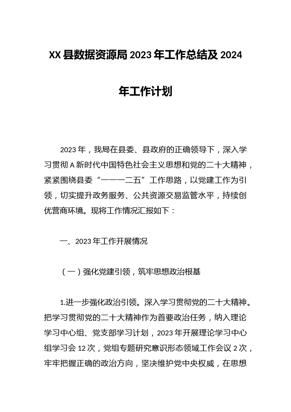 XX县数据资源局2023年工作总结及2024年工作计划