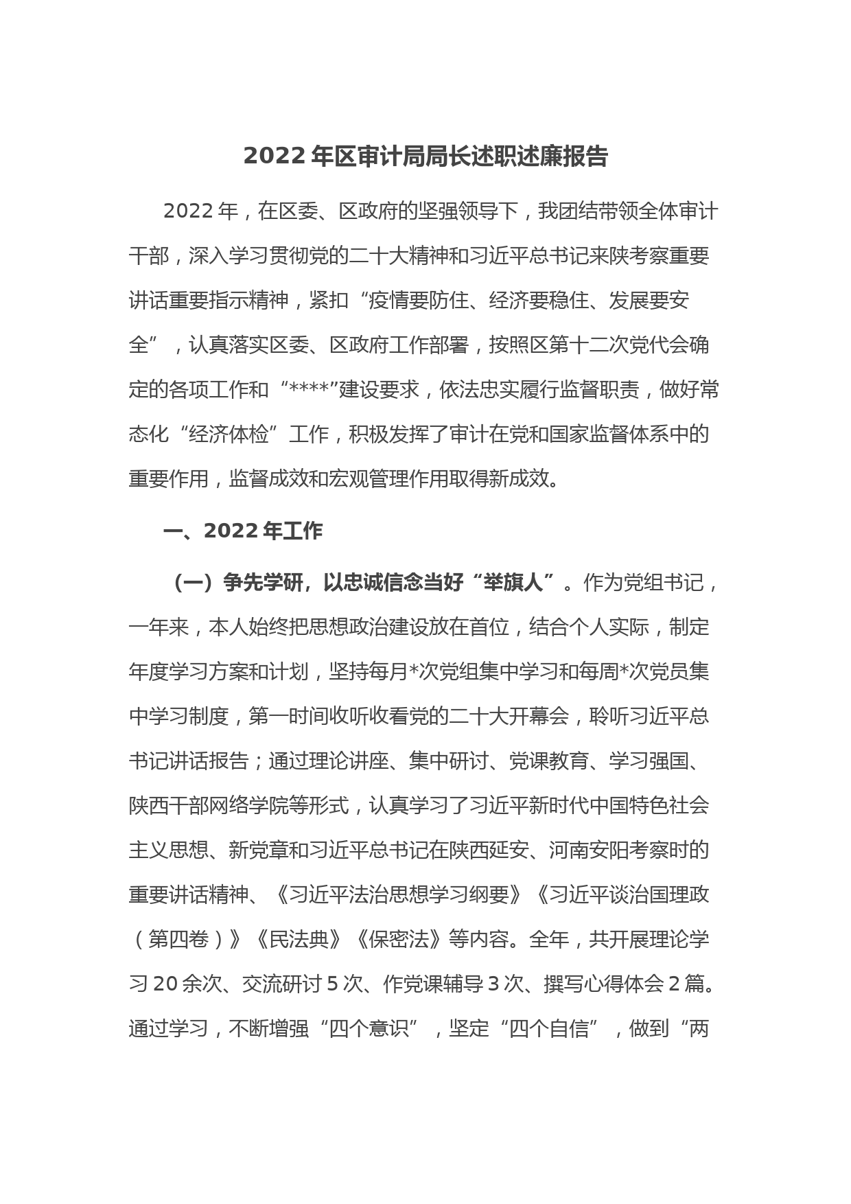 2022年区审计局局长述职述廉报告