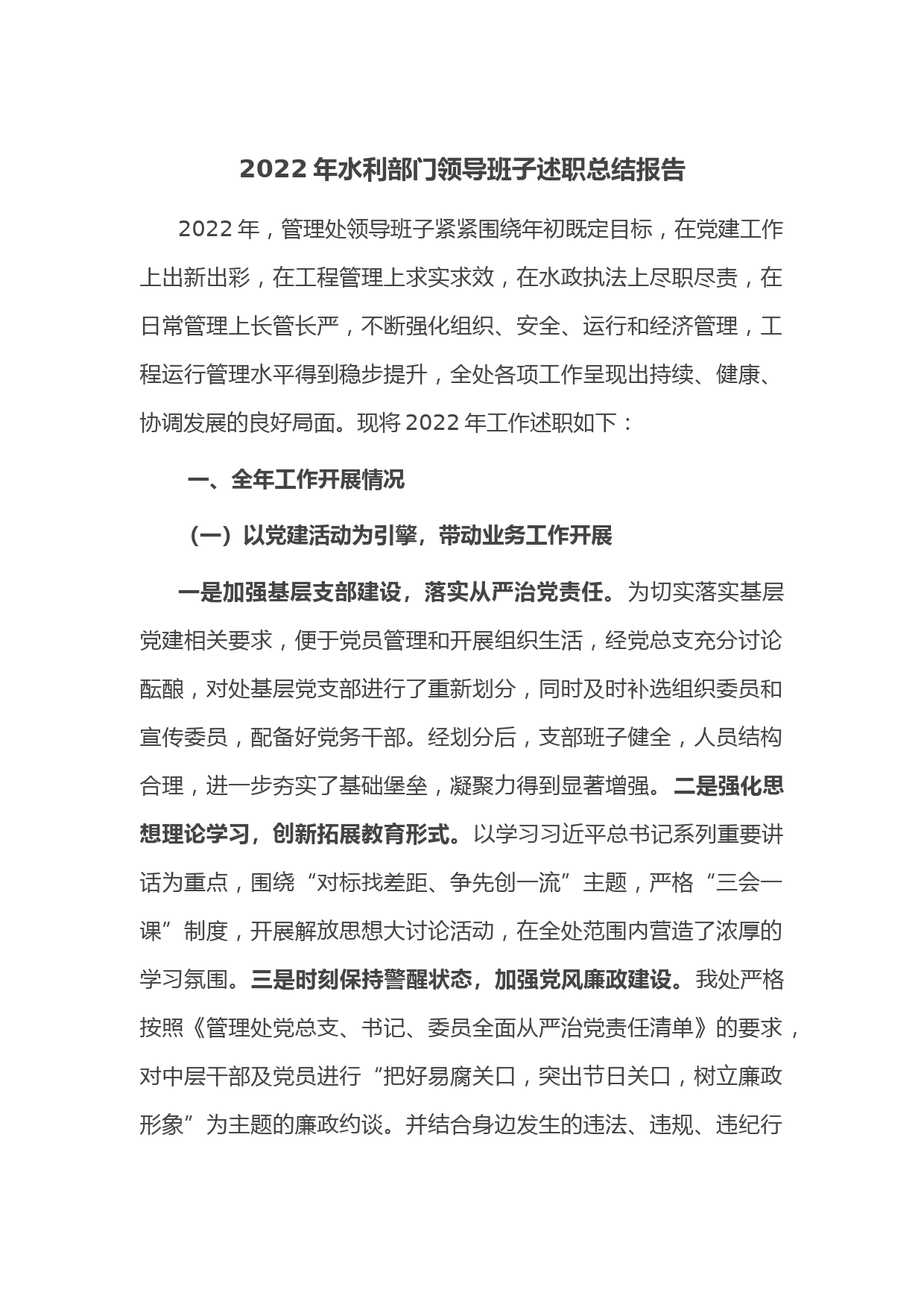 2022年水利部门领导班子述职总结报告