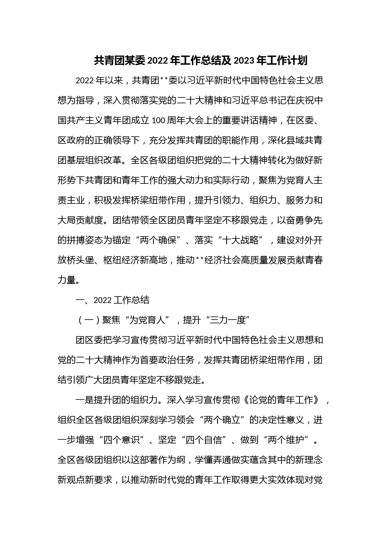 共青团某委2022年工作总结及2023年工作计划