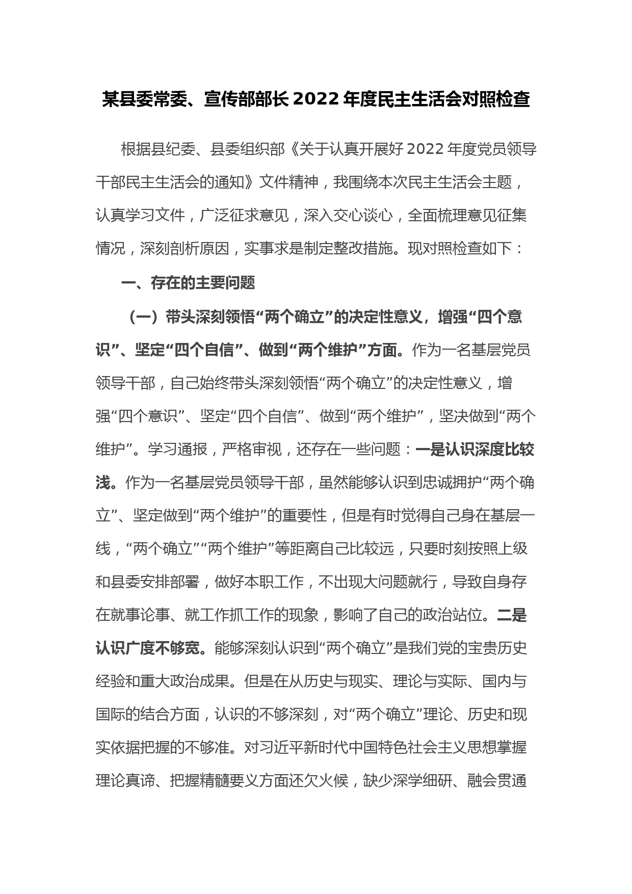 某县委常委、宣传部部长2022年度民主生活会对照检查