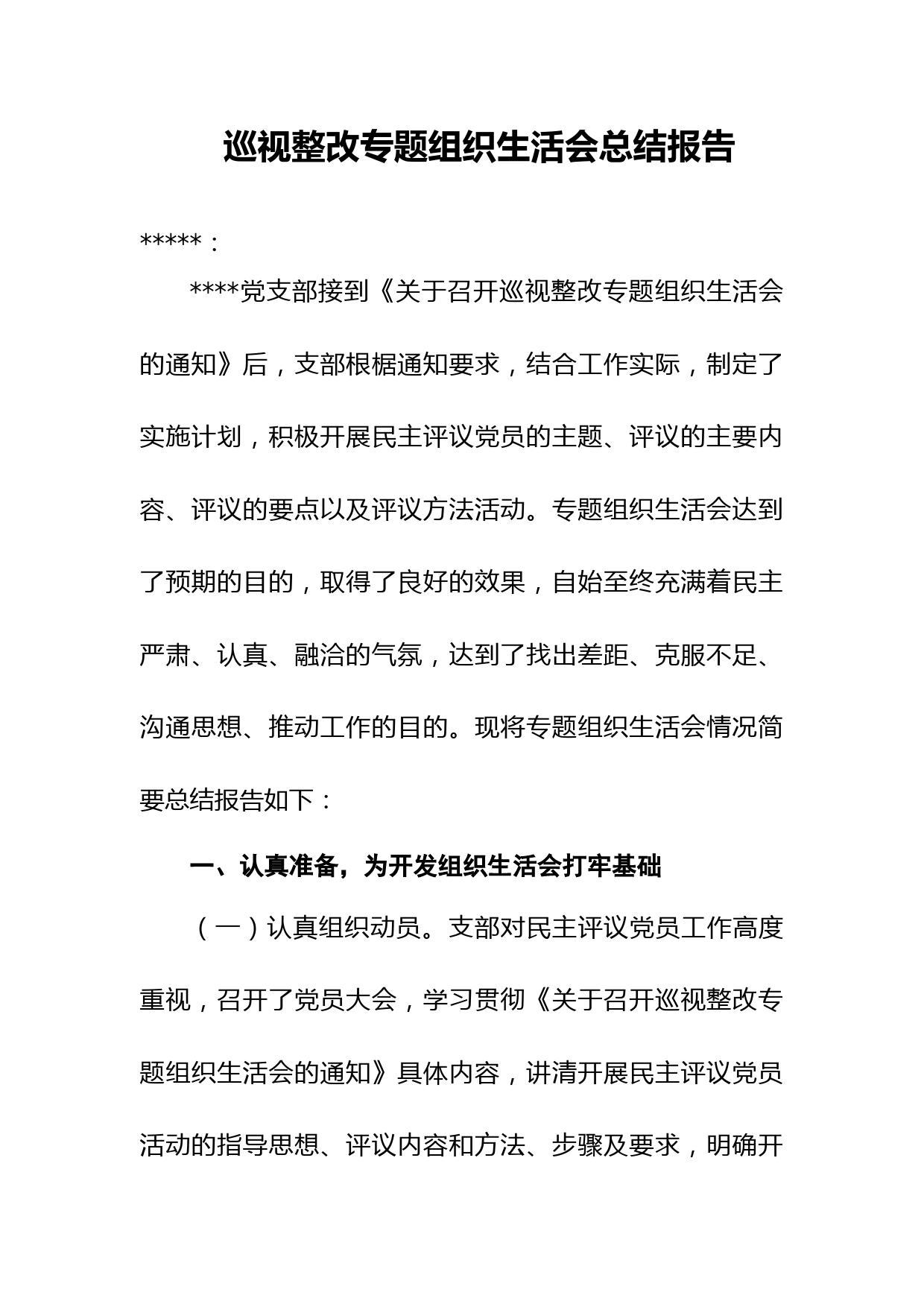 巡视整改专题组织生活会总结报告