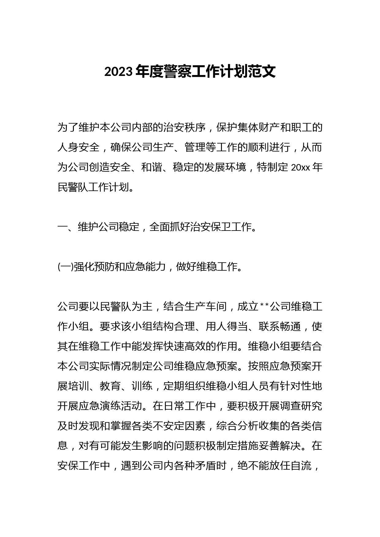 2023年度警察工作计划范文