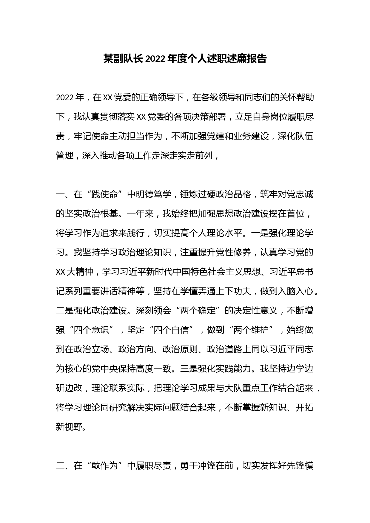 某副队长2022年度个人述职述廉报告