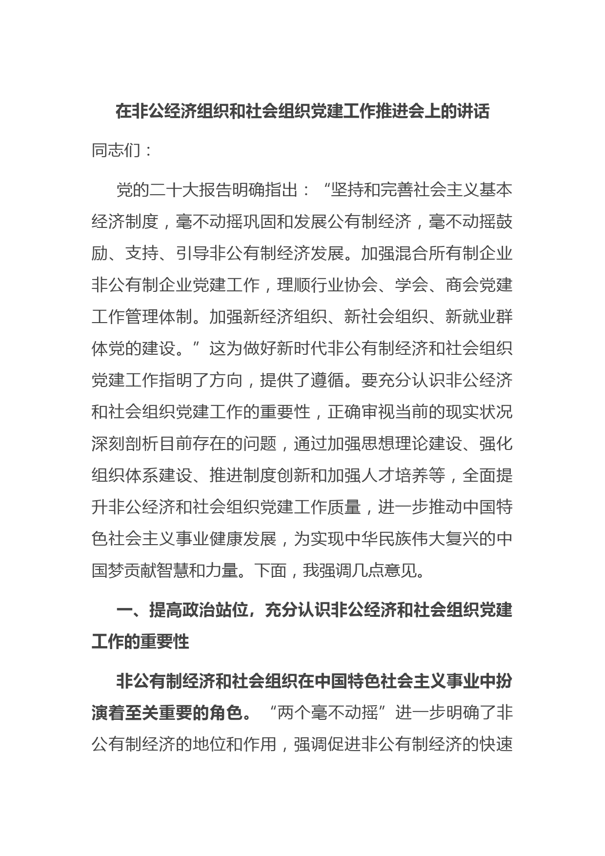 在非公经济组织和社会组织党建工作推进会上的讲话