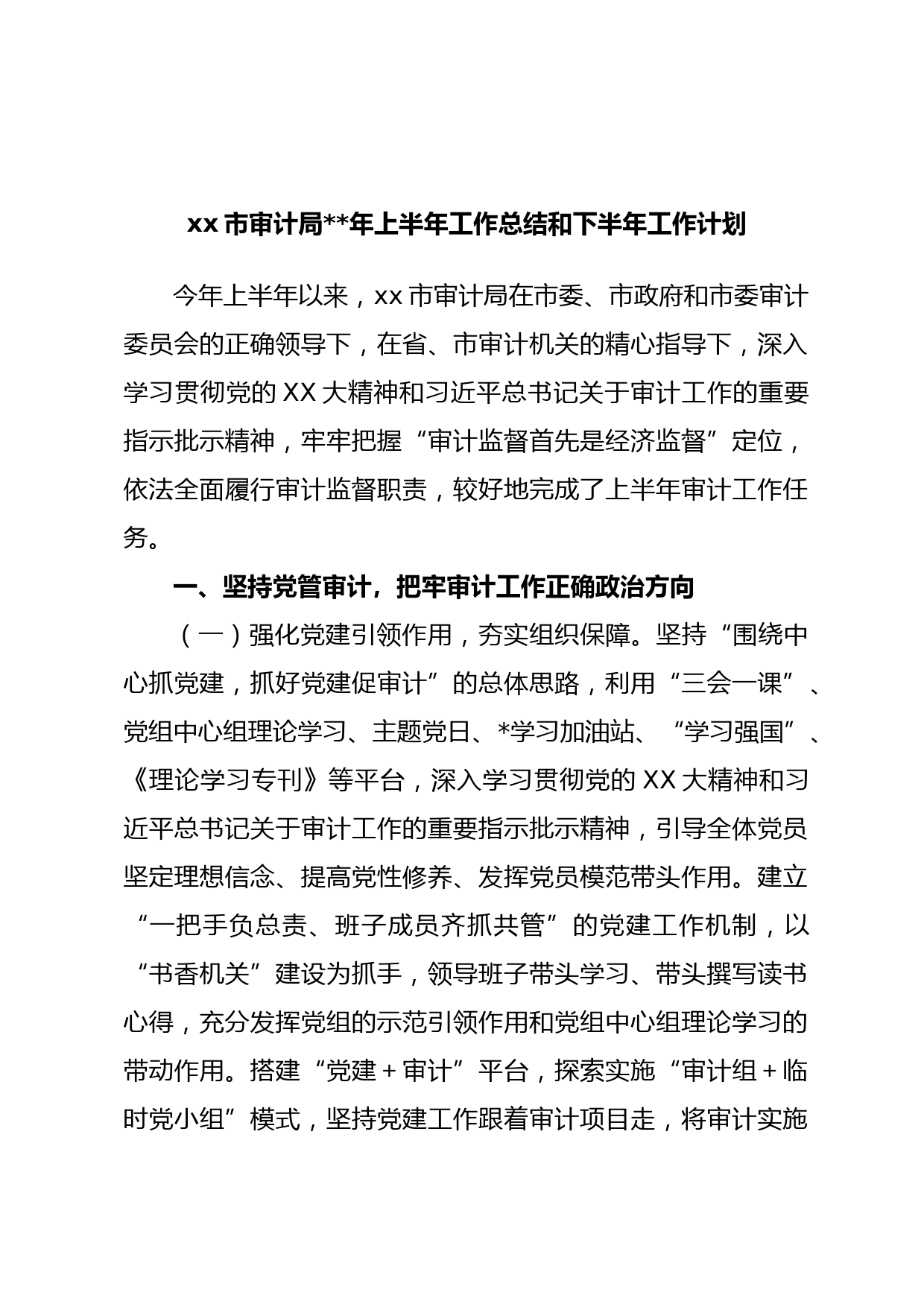 xx市审计局年上半年工作总结和下半年工作计划