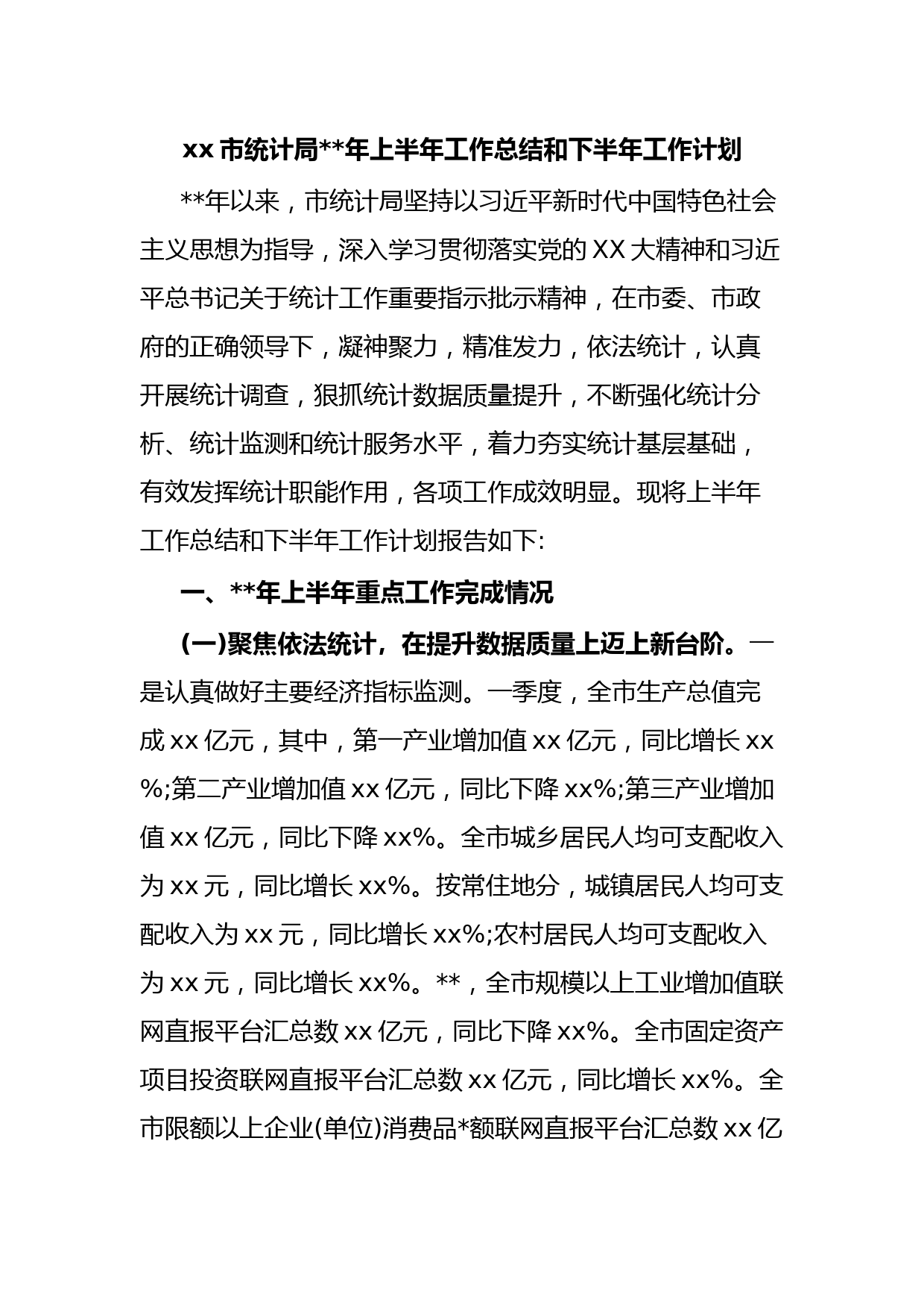 xx市统计局年上半年工作总结和下半年工作计划