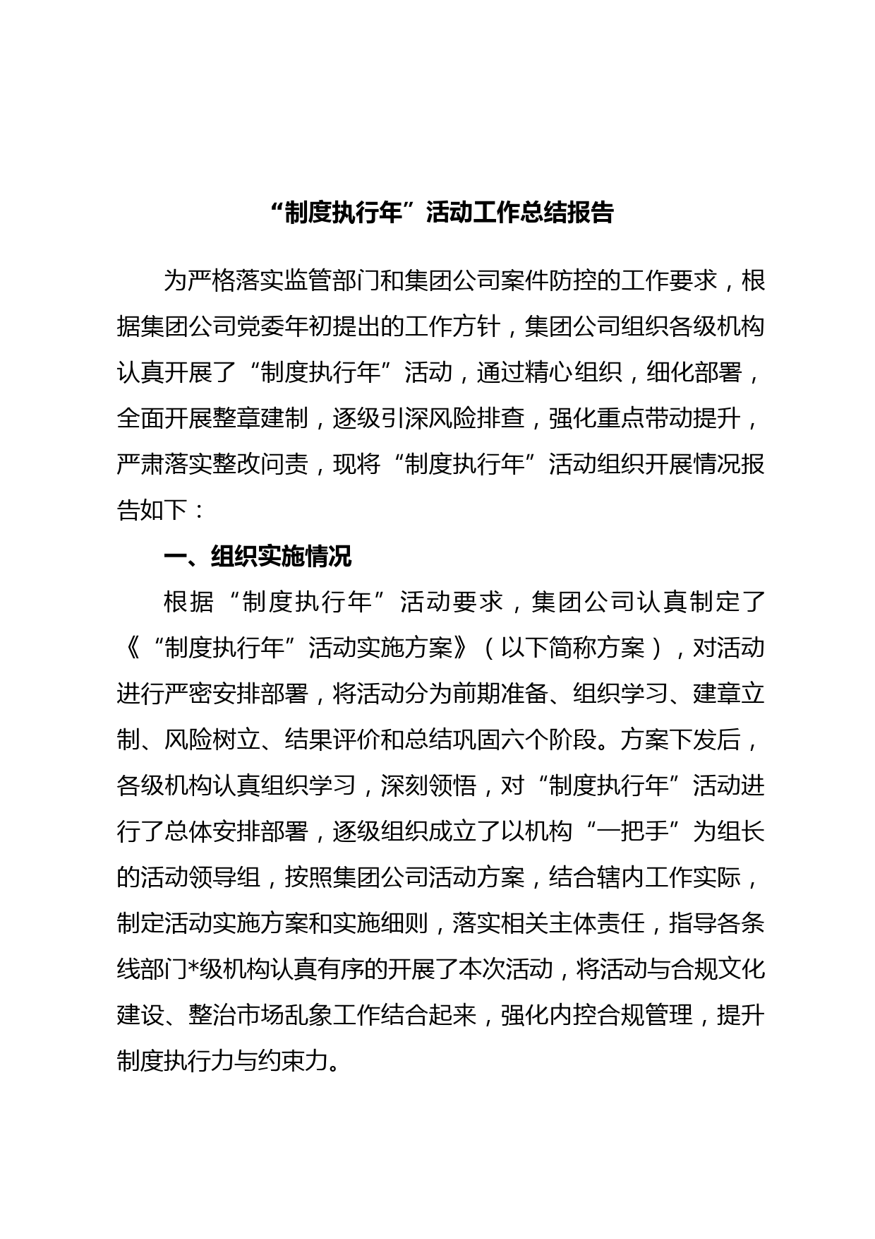 “制度执行年”活动工作总结报告