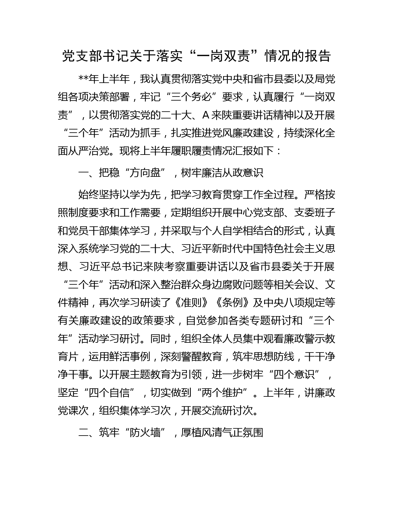 党支部书记落实“一岗双责”情况总结报告字