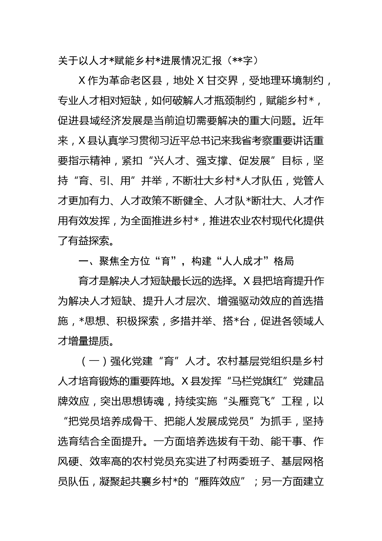 关于以人才赋能乡村进展情况汇报