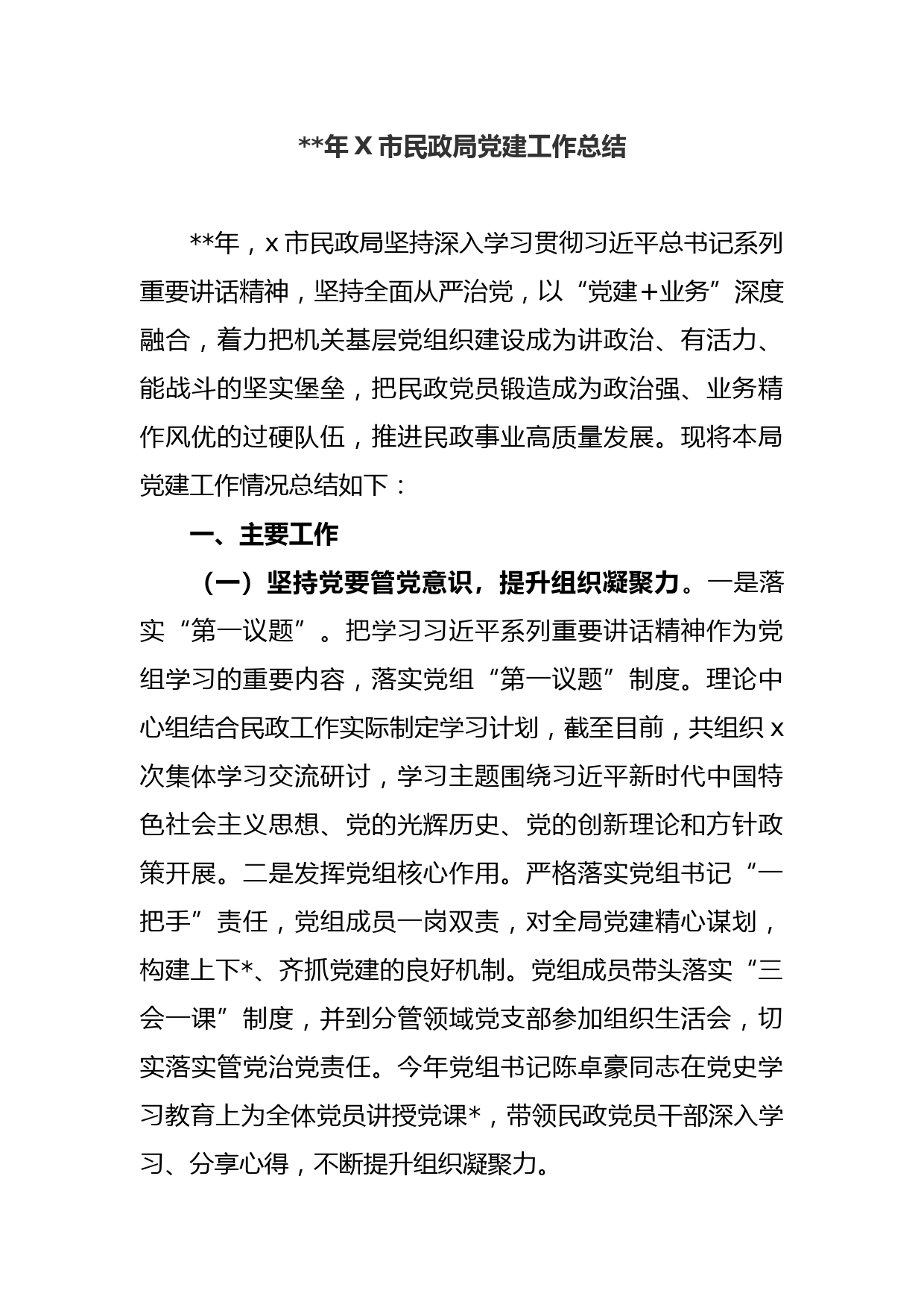 年X市民政局党建工作总结