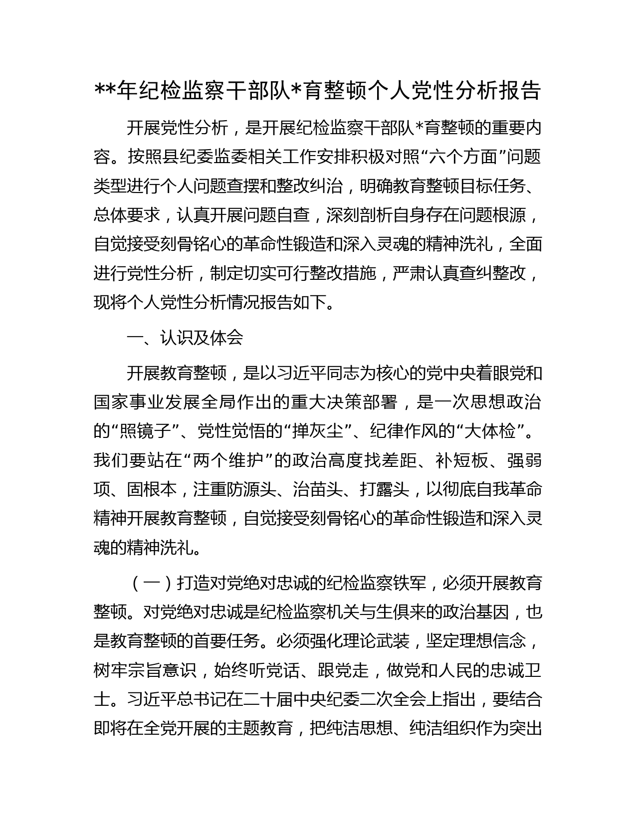 纪检监察干部队育整顿个人党性分析报告（六方面个人检视剖析）(1)