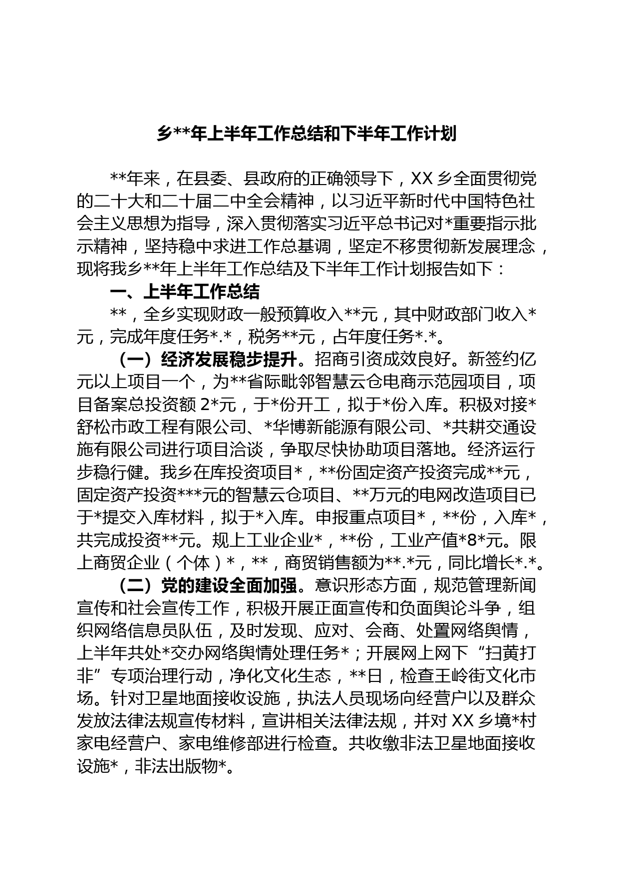 乡年上半年工作总结和下半年工作计划