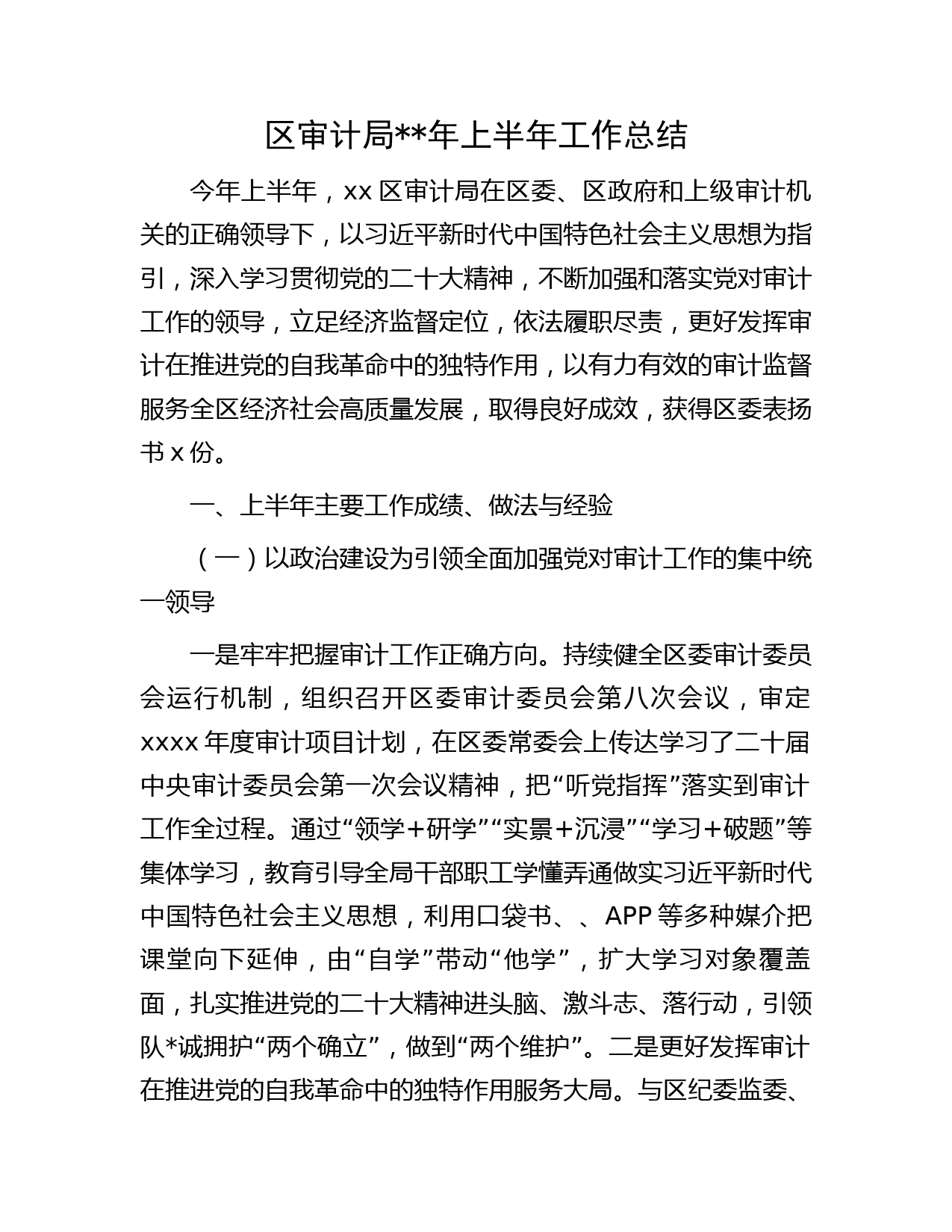 区审计局年上半年工作总结