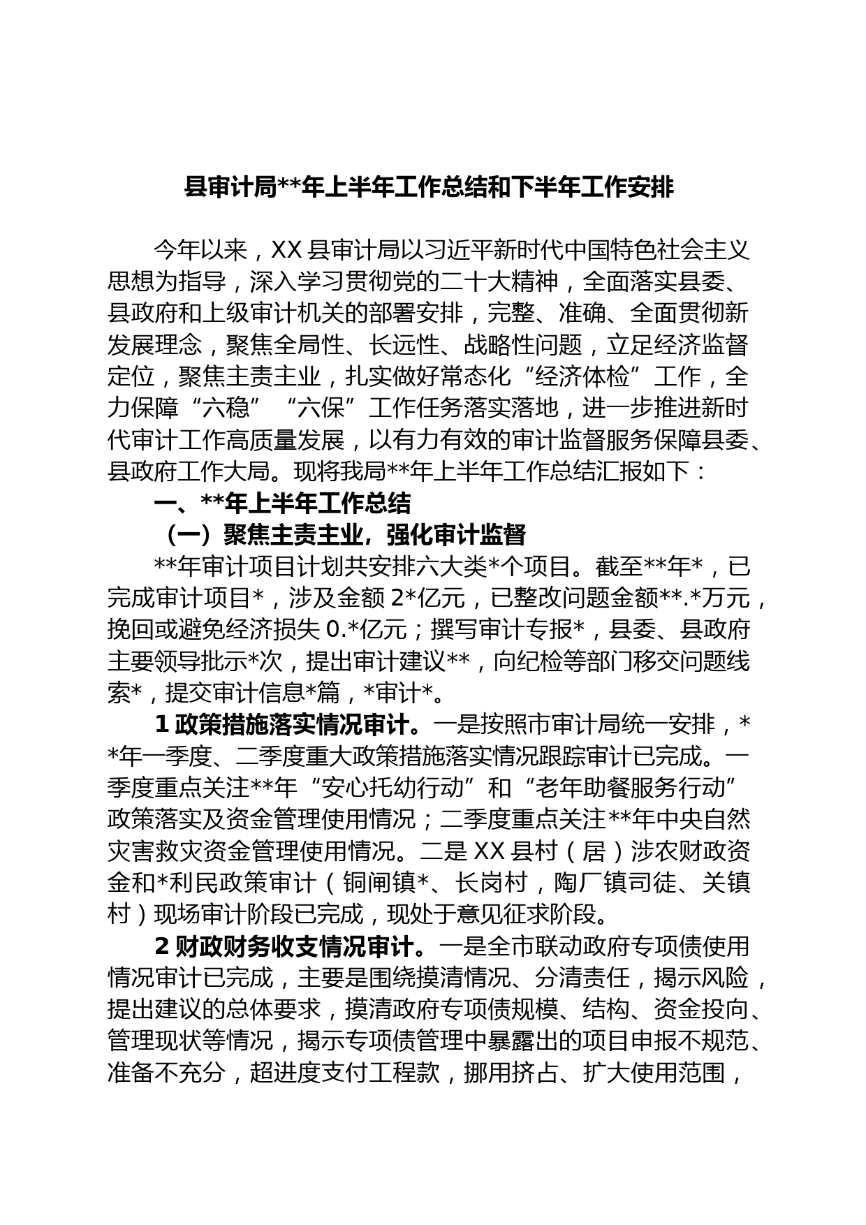 县审计局年上半年工作总结和下半年工作安排