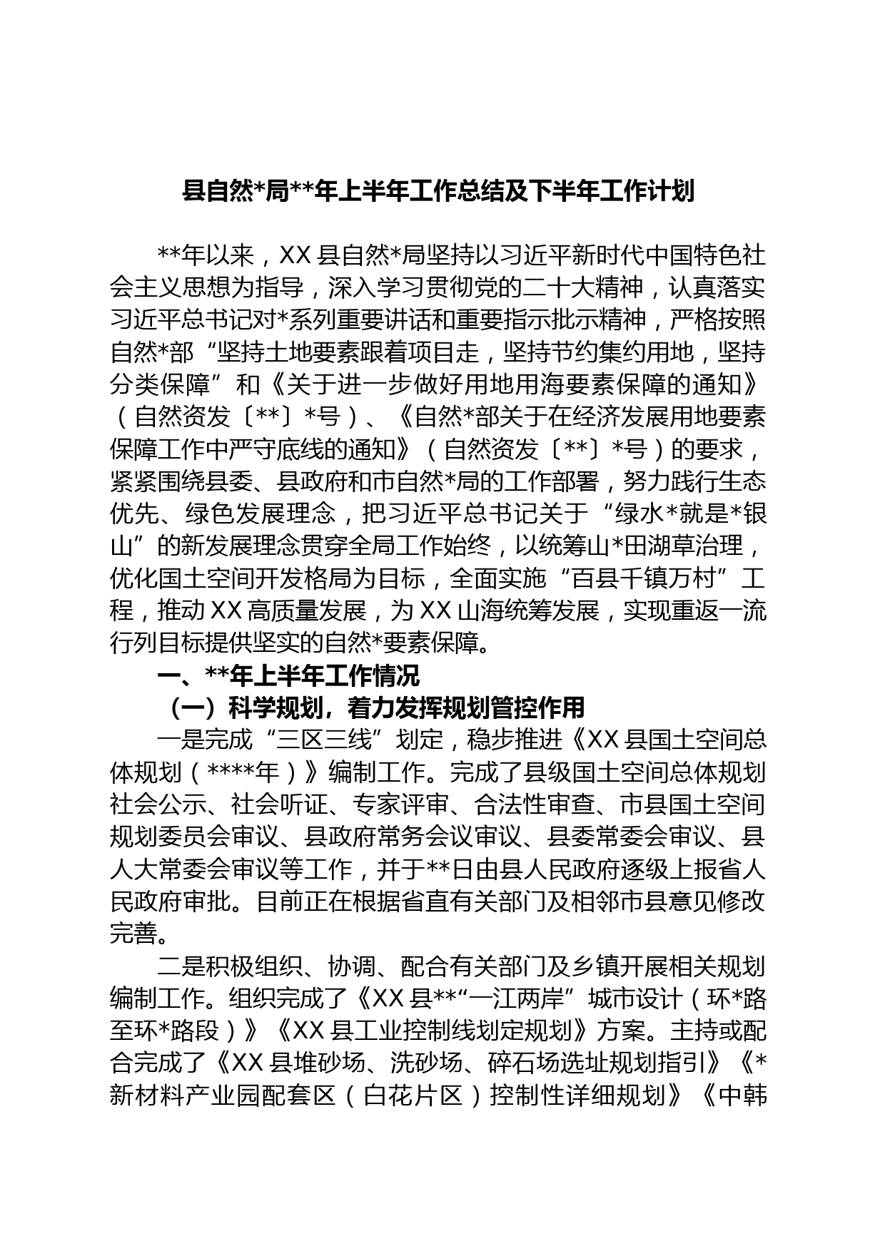 县自然局年上半年工作总结及下半年工作计划