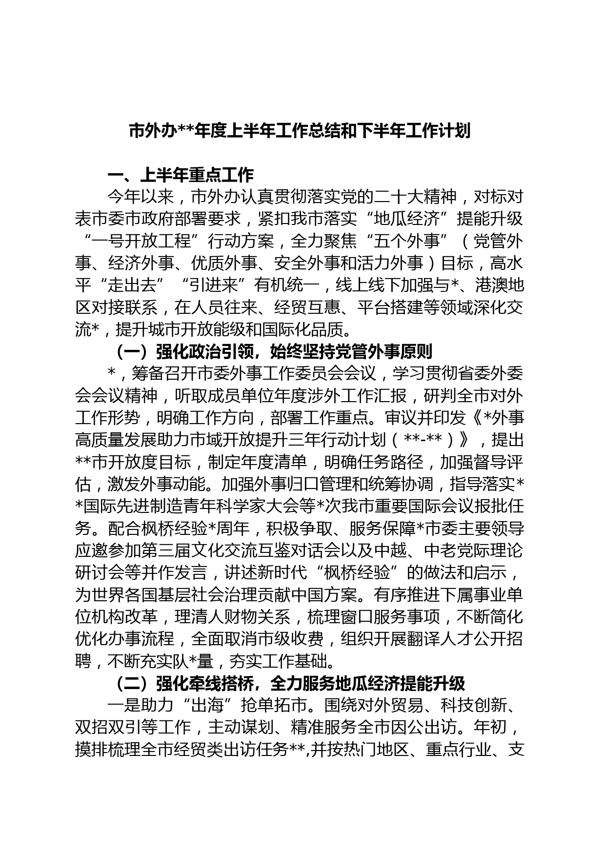 市外办年度上半年工作总结和下半年工作计划