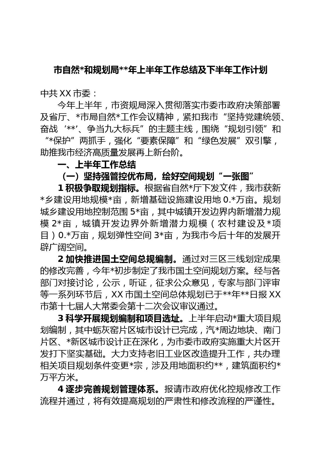 市自然和规划局年上半年工作总结及下半年工作计划
