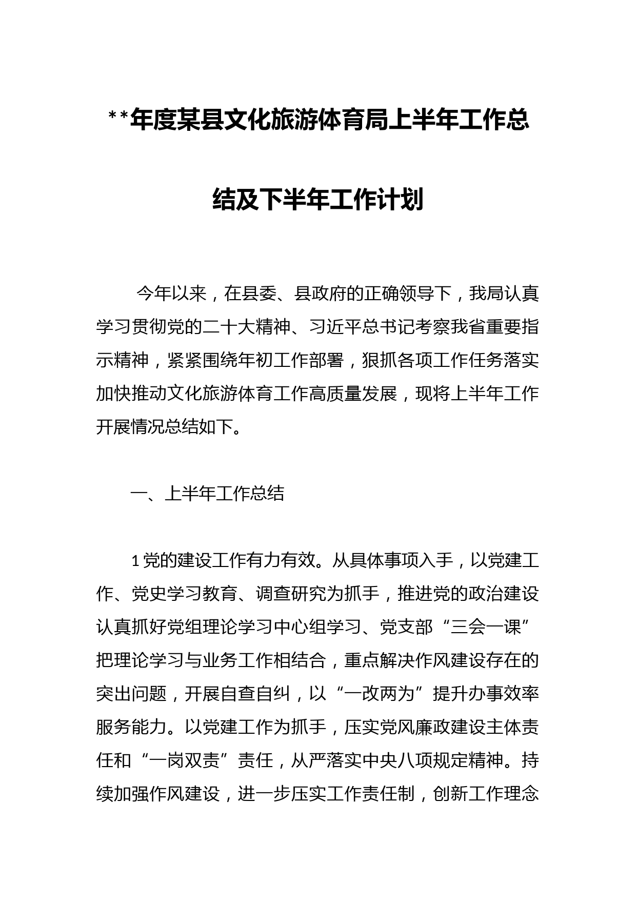 年度某县文化旅游体育局上半年工作总结及下半年工作计划