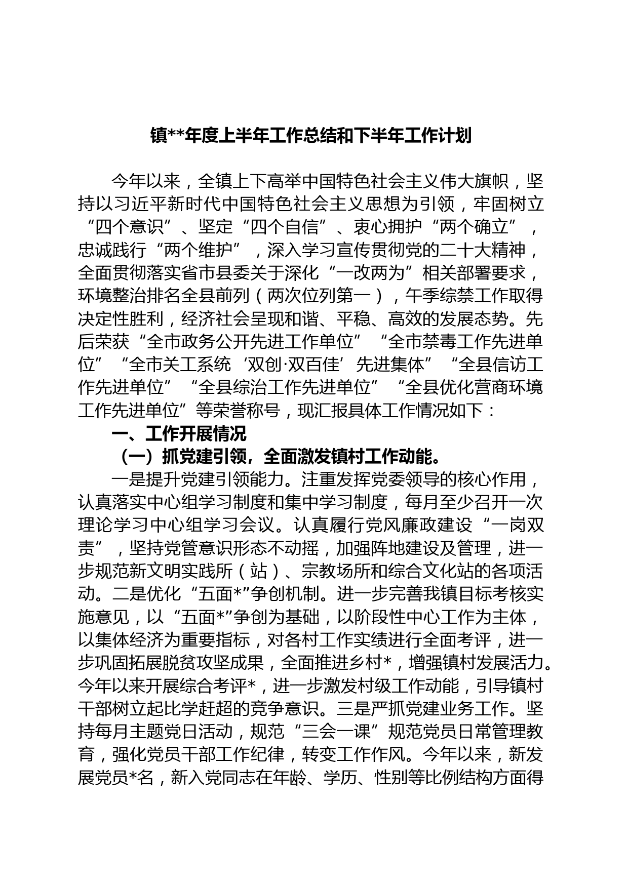 镇年度上半年工作总结和下半年工作计划