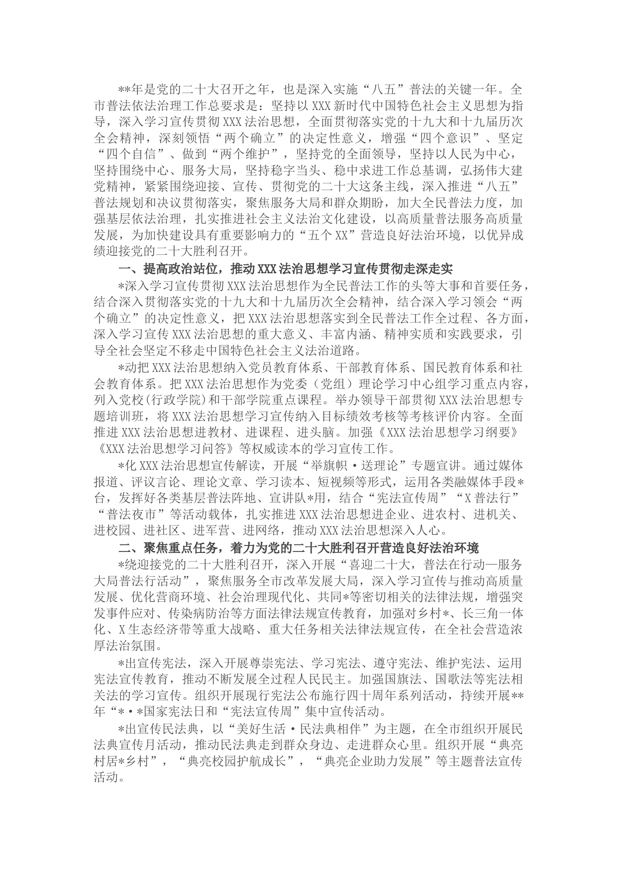 2022年全市普法依法治理工作要点