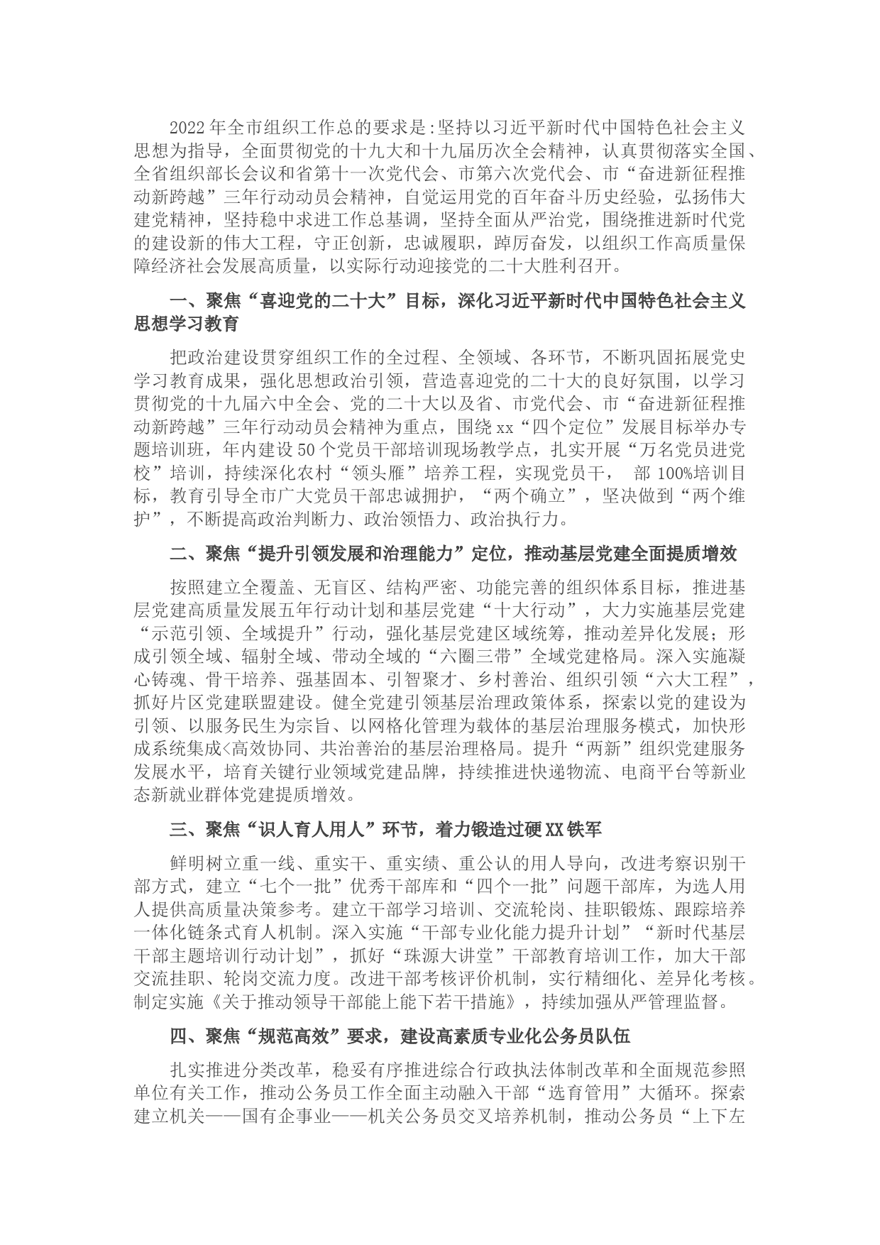 2022年全市组织工作要点