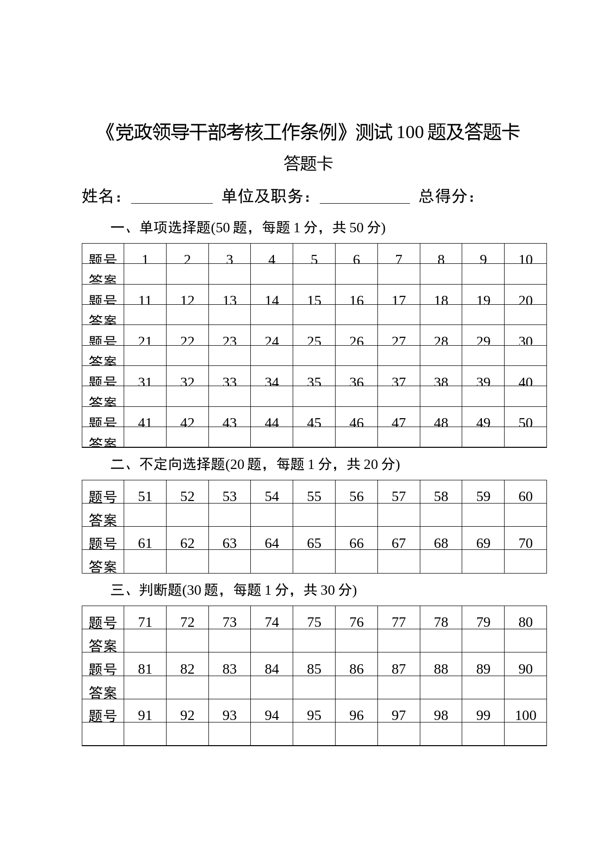 2019090606【写作素材】党政领导干部考核工作条例测试100题及答题卡