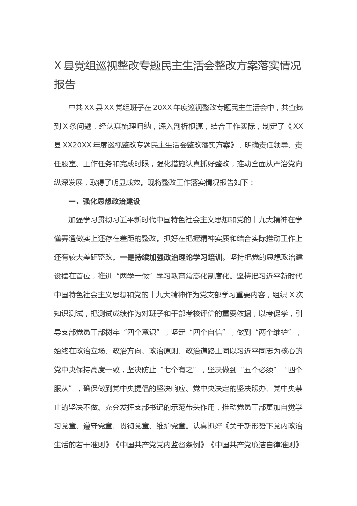 20210101X县党组巡视整改专题民主生活会整改方案落实情况报告