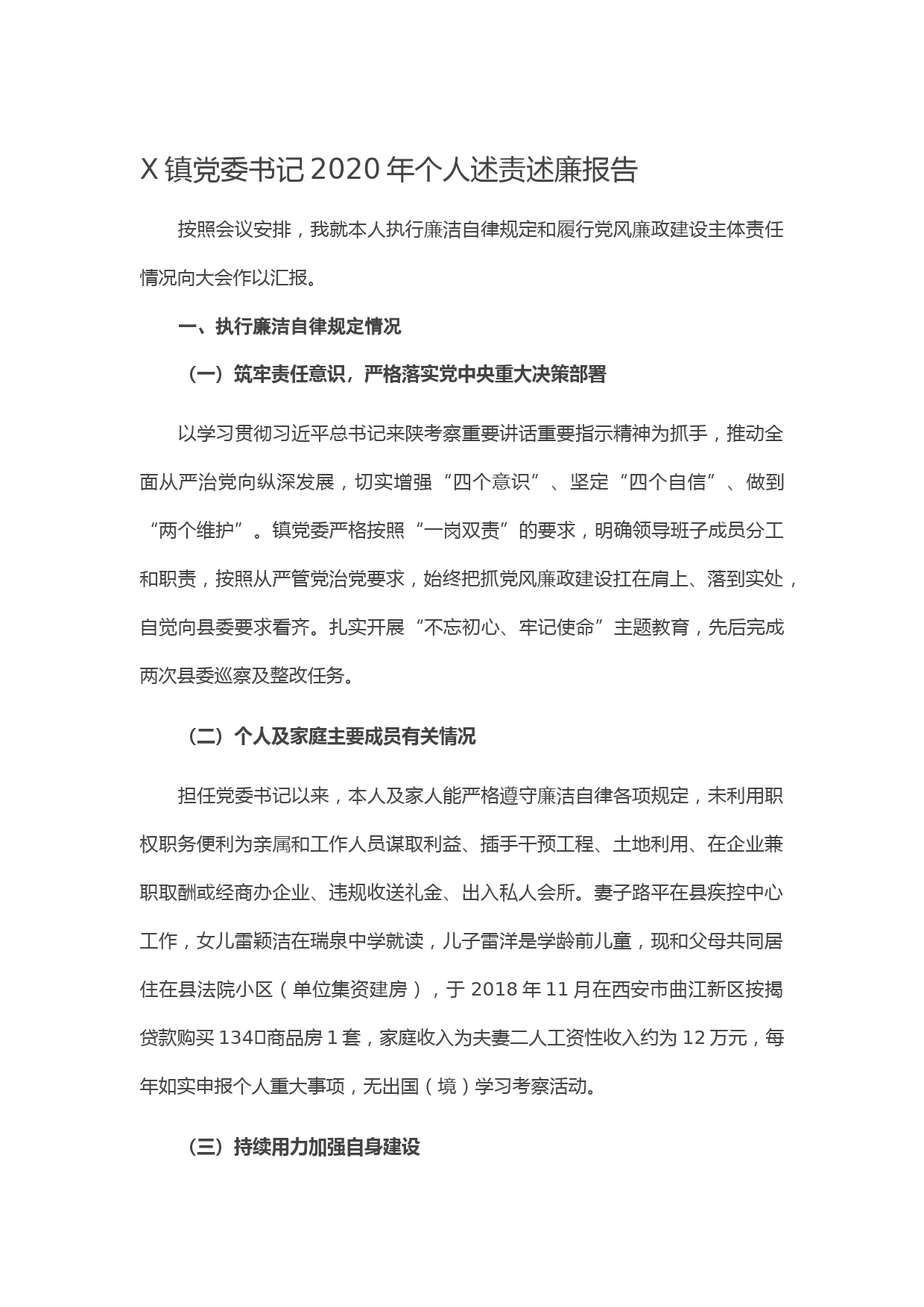 20210104X镇党委书记2020年个人述责述廉报告