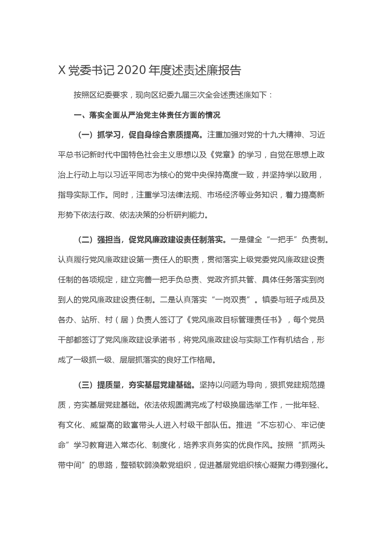 20210110X党委书记2020年度述责述廉报告