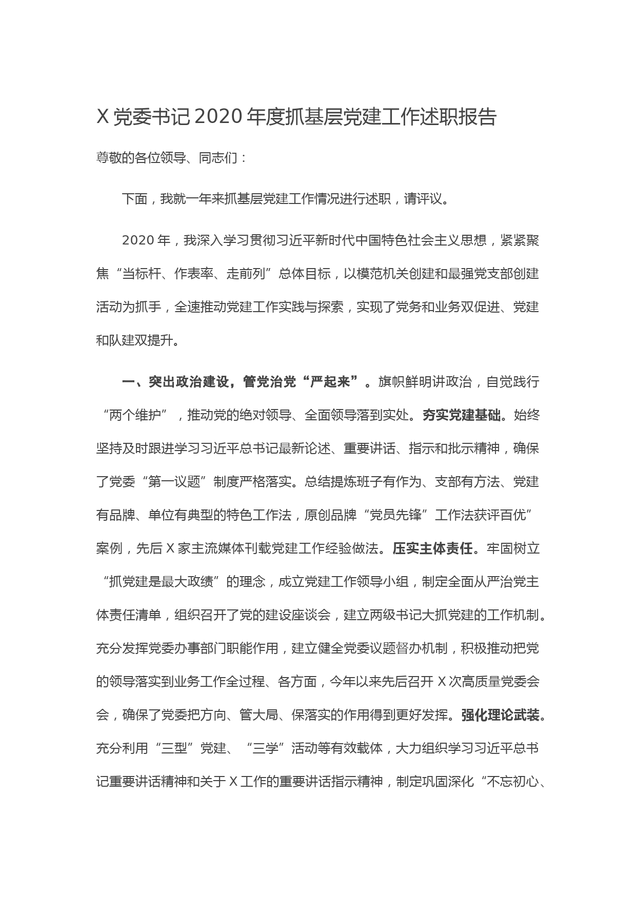 20210115X党委书记2020年度抓基层党建工作述职报告