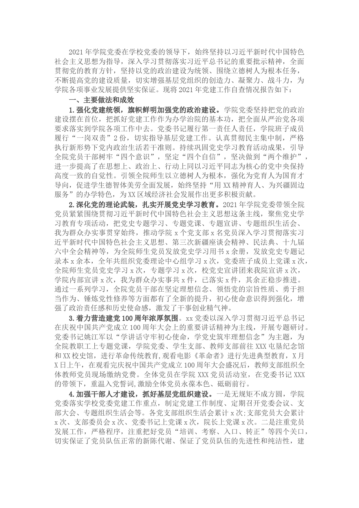 2021年学院党建工作自查报告