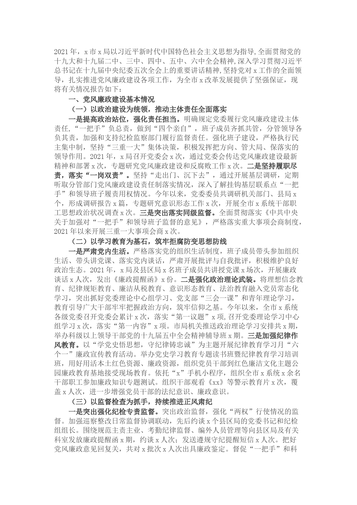 2021年度党风廉政建设工作情况总结报告