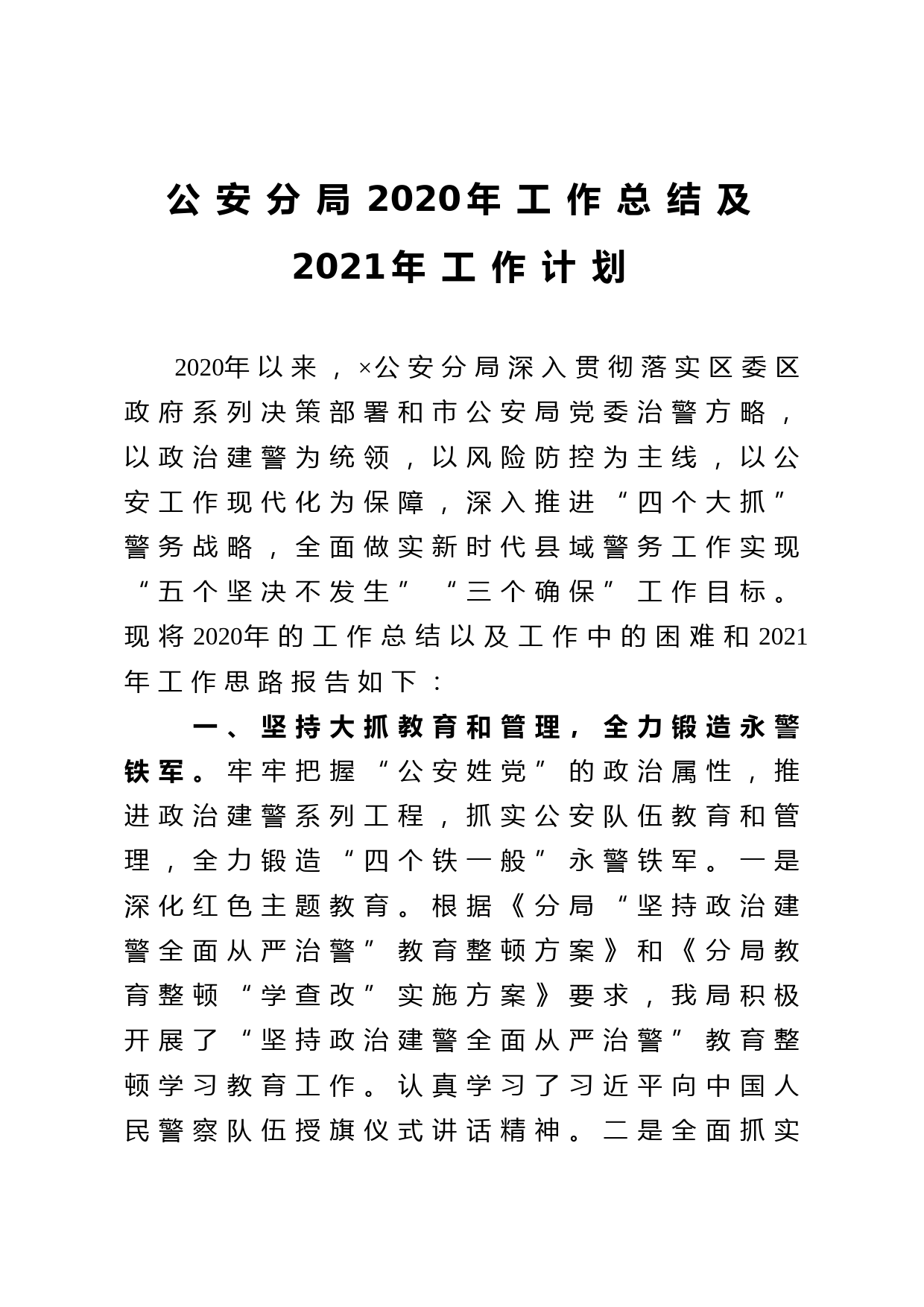 20210313公安分局2020年工作总结及2021年工作计划
