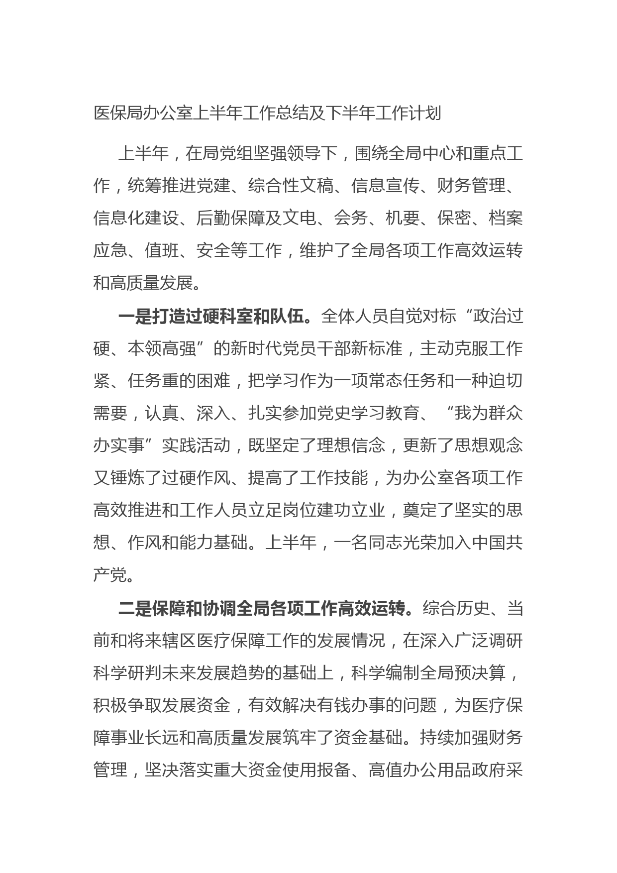 20210629医保局办公室上半年工作总结及下半年工作计划