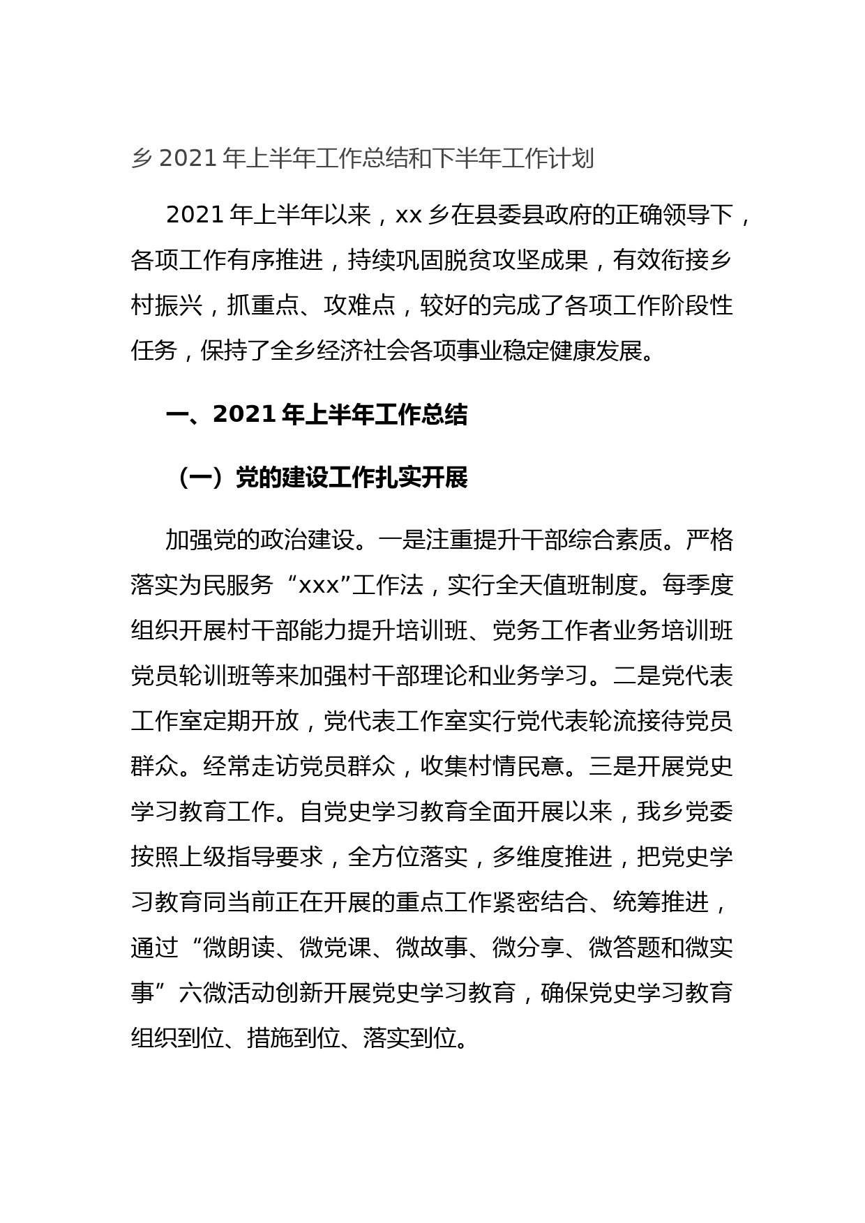 20210701乡2021年上半年工作总结和下半年工作计划