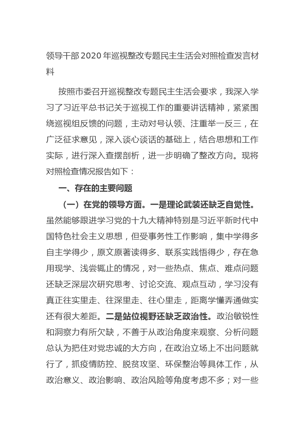 20210711领导干部2020年巡视整改专题民主生活会对照检查发言材料