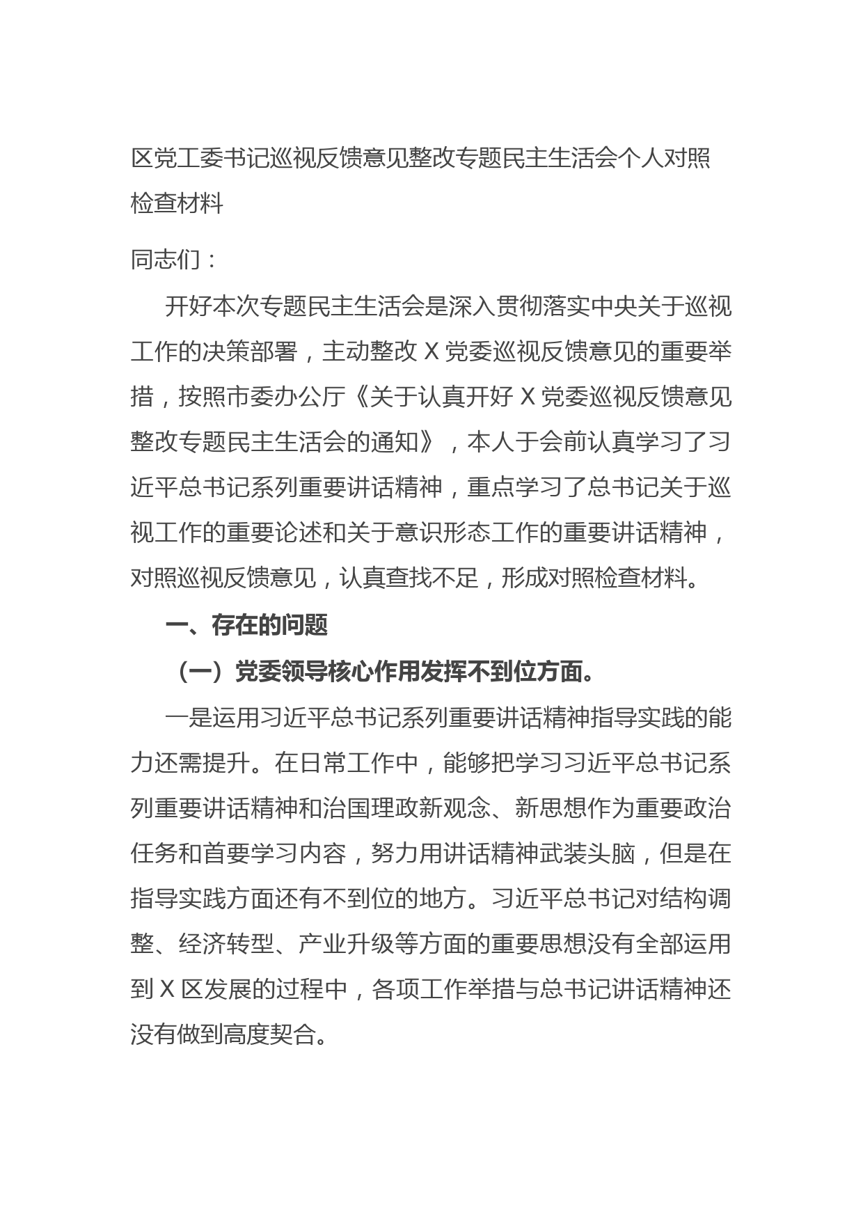 20210804区党工委书记巡视反馈意见整改专题民主生活会个人对照检查材料