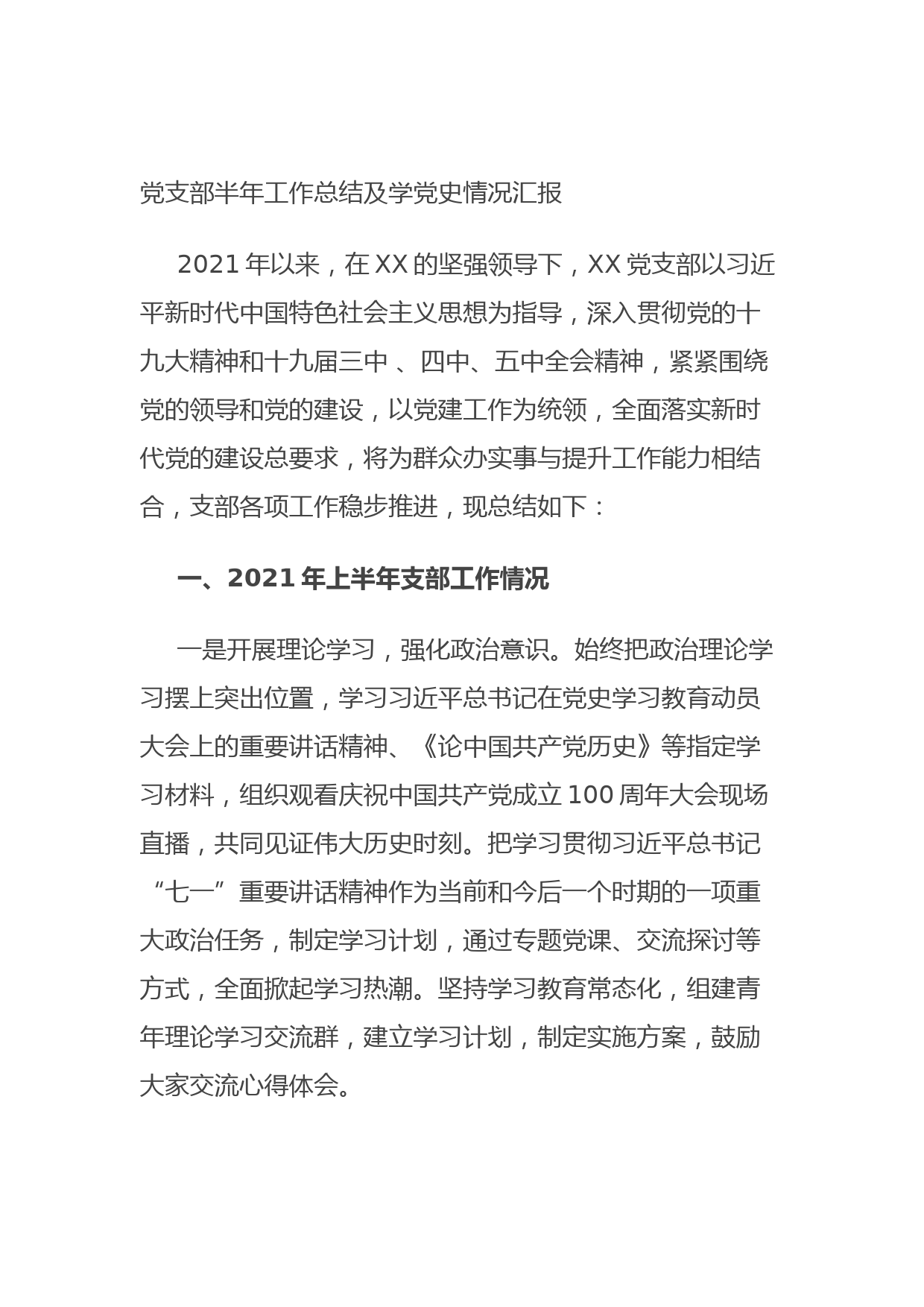 20210805党支部半年工作总结及学党史情况汇报