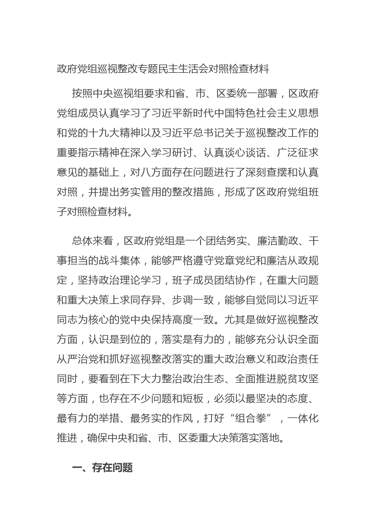 20210805政府党组巡视整改专题民主生活会对照检查材料