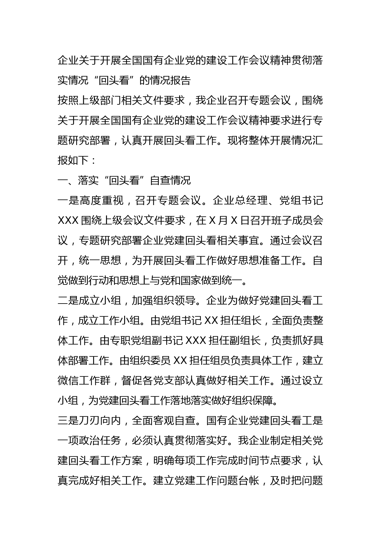20210819企业关于开展全国国有企业党的建设工作会议精神贯彻落实情况“回头看”的情况报告