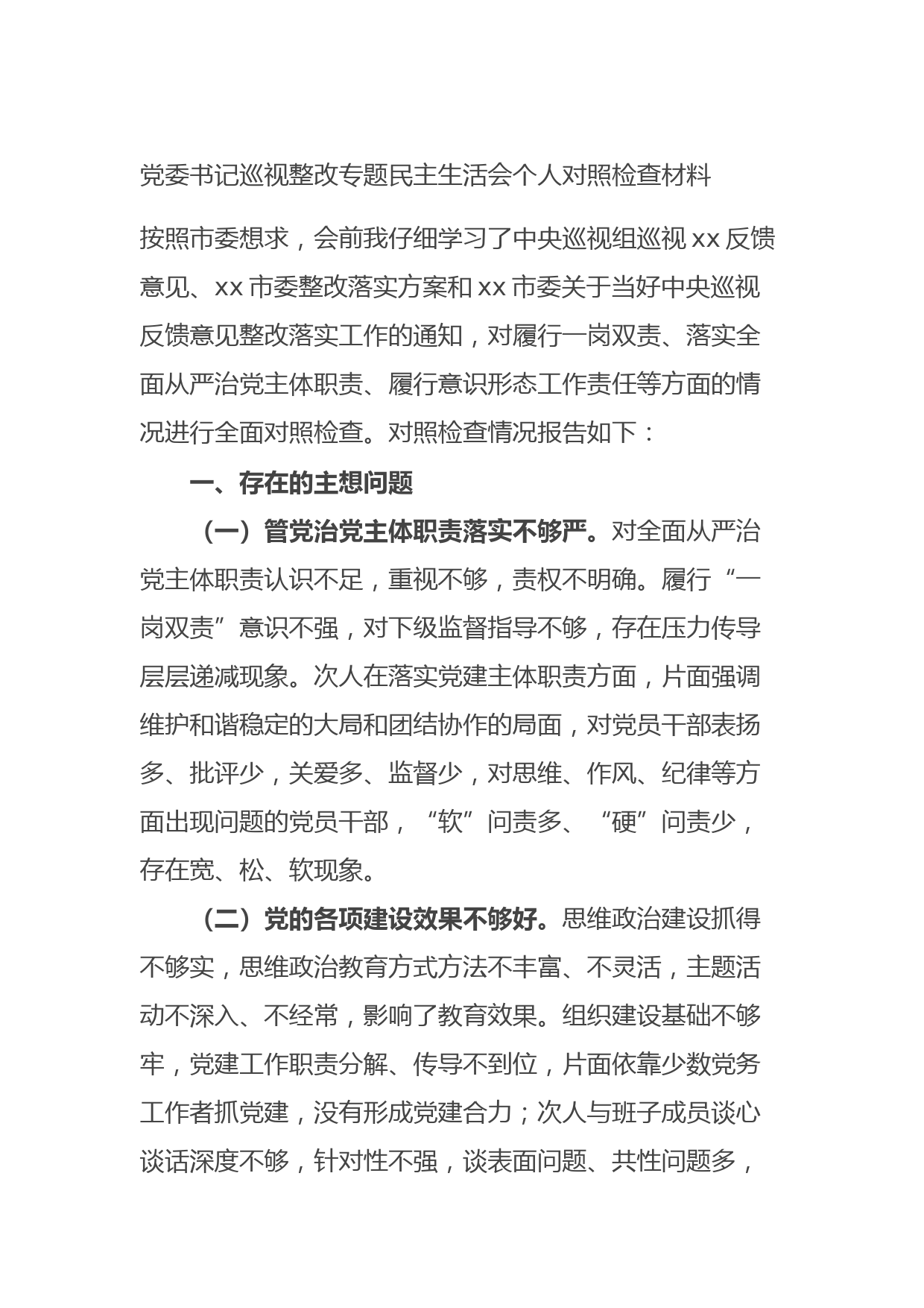20210917党委书记巡视整改专题民主生活会个人对照检查材料