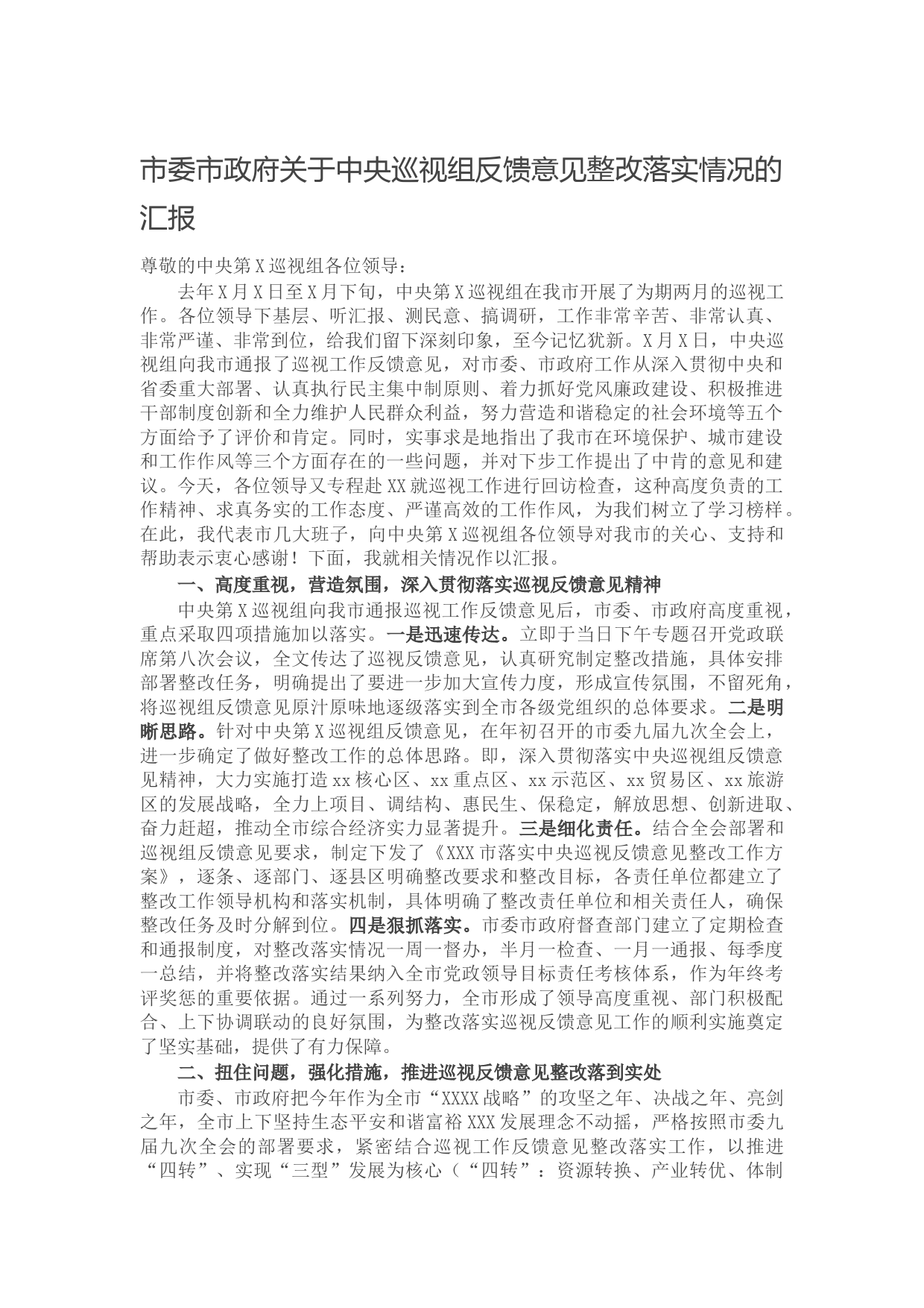 20211109市委市政府关于中央巡视组反馈意见整改落实情况的汇报