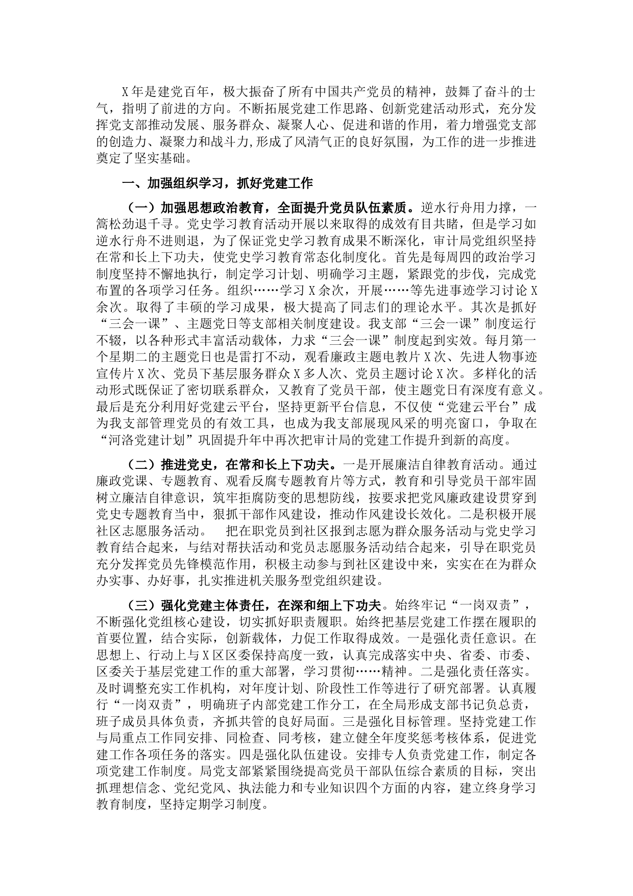 X区审计局党建工作专题报告